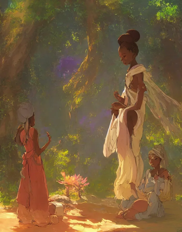 Prompt: african princess giving an offering to a heavenly being, environment concept art, ethereal anime, high detail impressionist style, dreamy light color palette, style of studio ghibli and moebius, concept art stunning atmosphere, trending on artstation, volumetric light