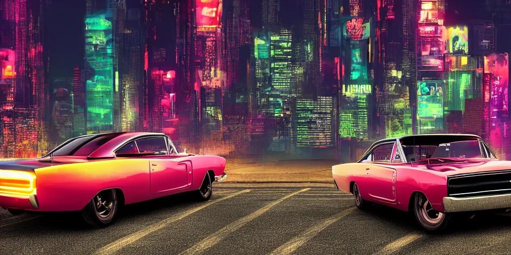 Image similar to A Black 1960s Dodge Charger car parked on a ridge overlooking a neon cyberpunk city at night, digital art