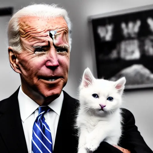 Image similar to a dramatic shot of joe biden holding a kitten