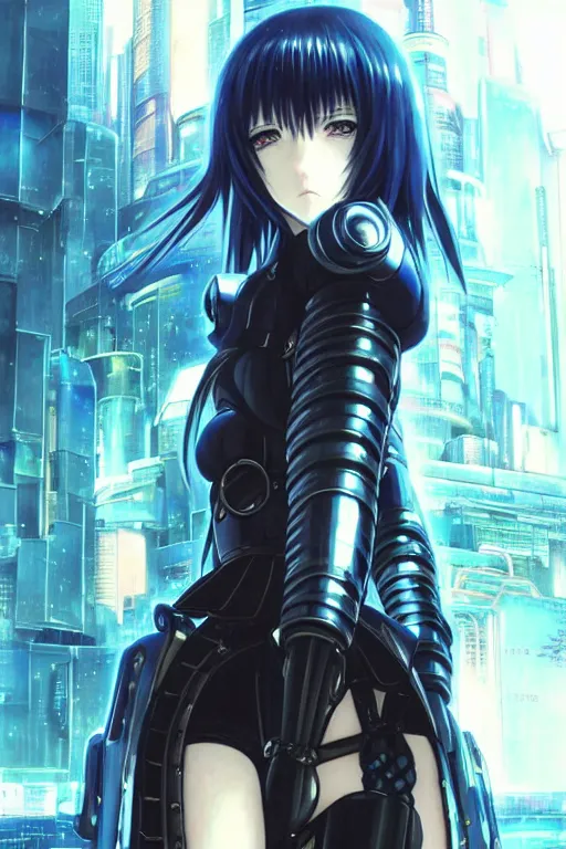 Image similar to portrait Anime girl in cyberpunk trinity blood armor, cute-fine-face, black-hair pretty face, realistic shaded Perfect face, fine details. Anime. realistic shaded lighting by Ilya Kuvshinov katsuhiro otomo ghost-in-the-shell, magali villeneuve, artgerm, rutkowski, WLOP Jeremy Lipkin and Giuseppe Dangelico Pino and Michael Garmash and Rob Rey and Yoshitaka Amano and Thores Shibamoto