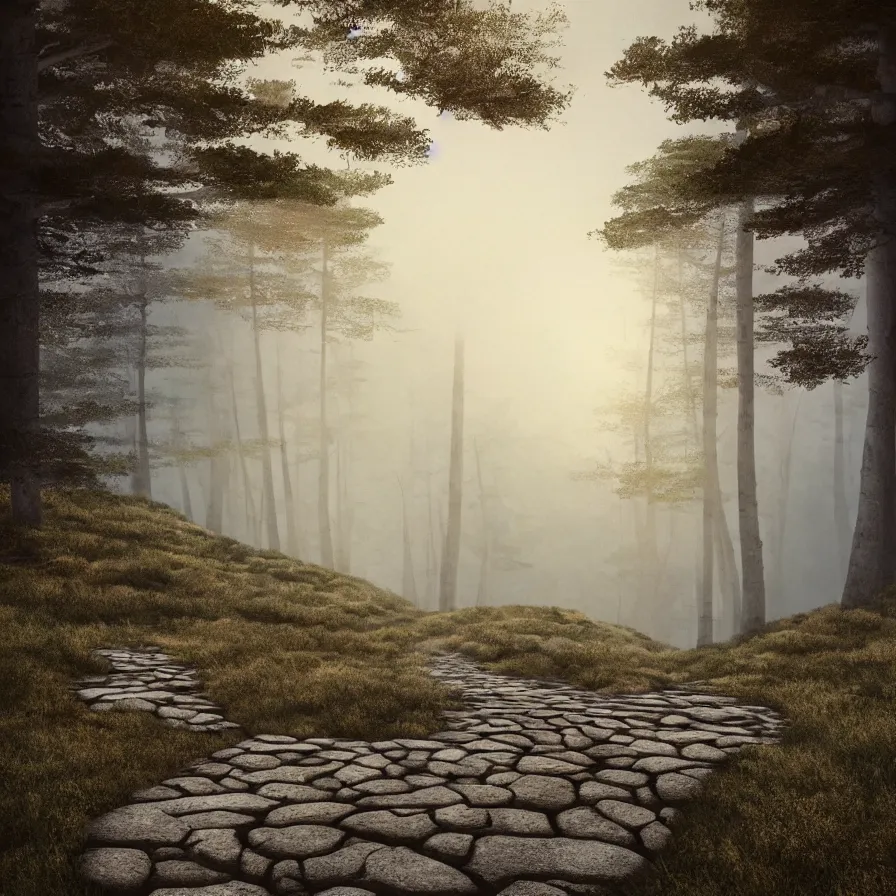 Image similar to surrealist abstract art of a stone path leading to the horizon through giant pine forests down a rocky mountain coast towards a majestic sunset. atmospheric foggy landscape, soft tones, psychedelic, ultra realistic, concept art, modern art, photorealistic, octane render.