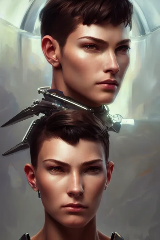 Prompt: photorealistic portrait of a young butch cyborg woman, handsome, female, masculine, upper body, fantasy, fierce, sharp features, intricate, elegant, highly detailed, digital painting, artstation, concept art, matte, sharp focus, illustration, art by artgerm and greg rutkowski and alphonse mucha