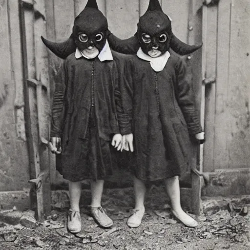 Image similar to portrait of children wearing devil masks, photograph, style of atget, 1 9 1 0, creepy, dark