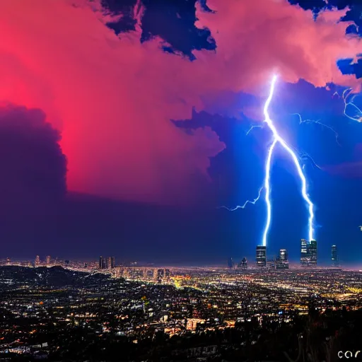 Prompt: moody midnight LA cityscape during intense storm. neon colors. gorgeous, tornado in distance, award winning, 4k