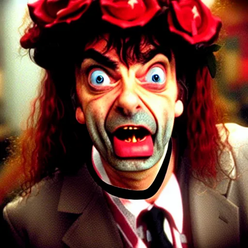 Image similar to mr. bean as axel rose from guns n roses. movie still. cinematic lighting.