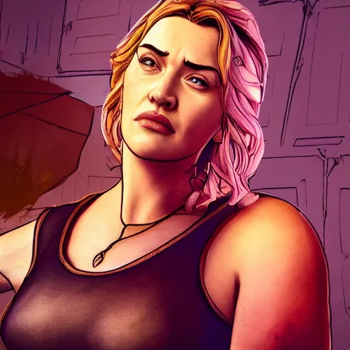 Image similar to kate winslet portrait, borderlands, tales from the borderlands, the wolf among us, comic, cinematic lighting, studio quality, 8 k