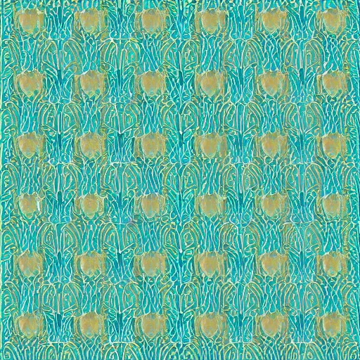 Prompt: symmetry, repeating pattern. seamless gold teal leaf. wall paper.