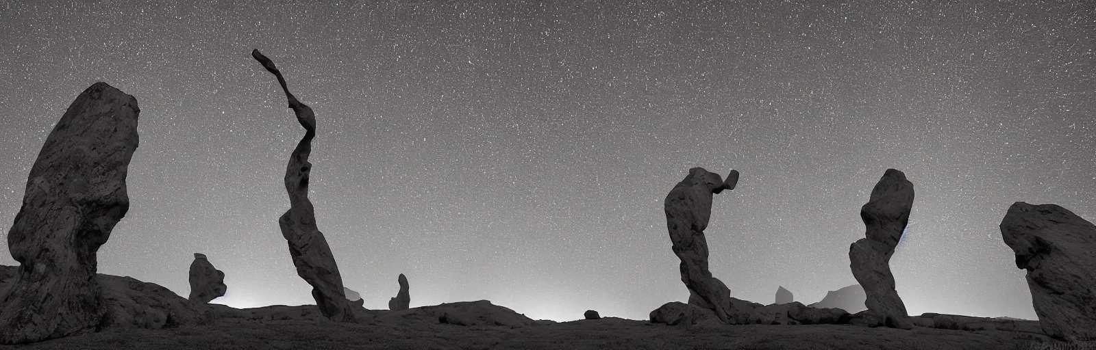 Image similar to to fathom hell or soar angelic, just take a pinch of psychedelic, medium format photograph of two colossal minimalistic necktie sculpture installations by antony gormley and anthony caro in yosemite national park, made from iron, marble, and limestone, granite peaks visible in the background, taken in the night