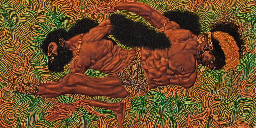 Image similar to an abstract tropical landscape, portrait of a hirsute dark - skinned greek god dancing. 2 4 mm, photorealistic, muted color scheme, directed by mati klarwein