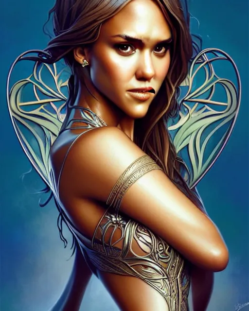 Image similar to Beautiful and playful Jessica Alba portrait, art nouveau, fantasy, intricate heart shaped designs, elegant, highly detailed, sharp focus, art by Artgerm and Greg Rutkowski and WLOP