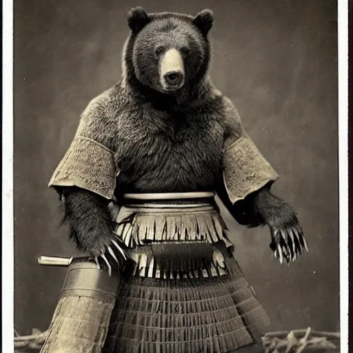 Prompt: “grizzly bear in full samurai armour, 1900’s photo”