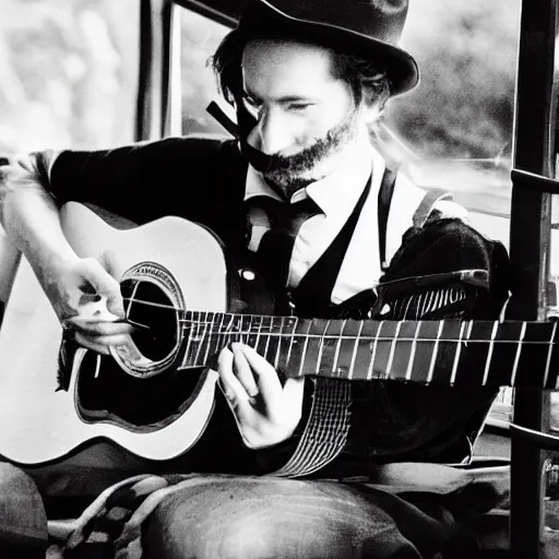 Prompt: django reinhart playing guitar in a train