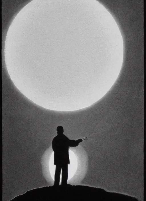 Image similar to a human silhouette observing an eclipse in the distance, painted by caspar david friedrich with high toner xerox halftones