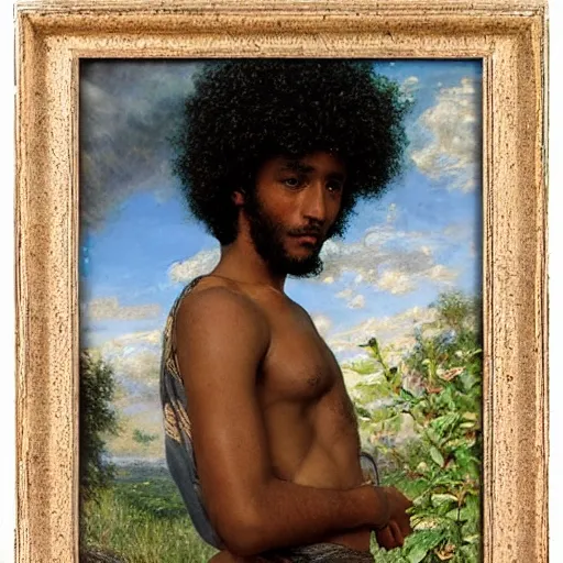 Image similar to east african man with curly hair, full body, fedosenko roman, j. w. godward, jose miguel roman frances, intricate details, countryside, dreamy, impressionist, figurative