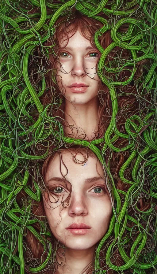 Image similar to very detailed portrait of a 2 0 years old girl surrounded by tentacles, the youg woman visage is blooming from fractal and vines, by jason de graaf