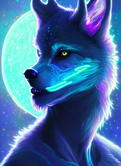 Image similar to a wolf faceless glowing liquefied stardust adventurer, dnd fantasy character, full body portrait, glowing neon skin, magical aura, ultra realistic, intricate, elegant, highly detailed, digital painting, artstation, smooth, sharp, focus, illustration, art by artgerm and greg rutkowski and alphonse mucha and dan mumford, sacred geometry