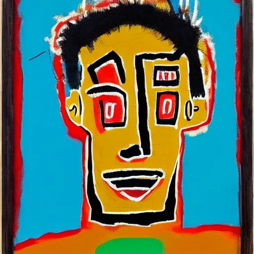 Image similar to a portrait made by Basquiat of a male guy with little beard big lips big nose style paint canvas materical