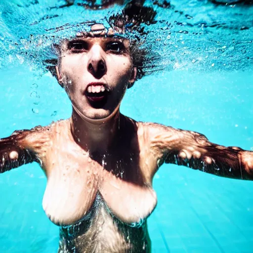 Image similar to extreme close up photo of a human\'s open mouth that is full of water. Inside the water a beautiful woman is swimming relaxedly