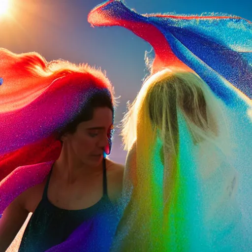 Prompt: filmstill photography of two female body suihouettes covered with curly white translucent blanket blowing in wind with rainbow pattern, acrylic liquid colors, luxurious supermodel photoshooting, golden jewelry, bokeh, godrays, strong wind, wrinkles, sunrays, sunset, lens flares, cold colors, sand dunes