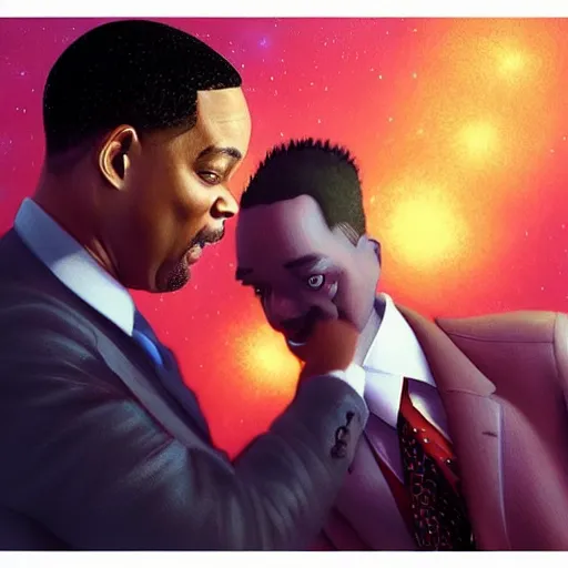 Prompt: “A beautiful ultradetailed painting of will smith slapping Chris rock, light effect, very detailed, by beeple, Makoto Shinkai, 4k, Trending on artstation, ultrawide lens”