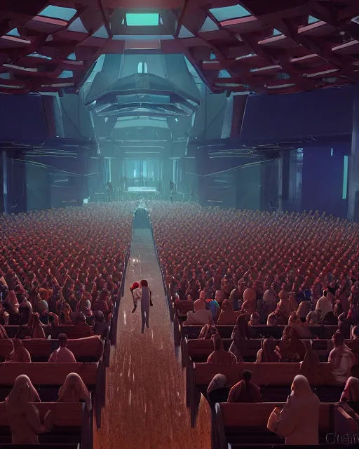 Image similar to unreal engine 5 render of a crowd in a futuristic church by craig mullins and ghibli, strong contrast, priest, pews, ethereal, inviting, bright, raking light, hyper realism, realistic shading, cinematic composition, blender render, octane render, hdr, detailed textures, photorealistic, wide shot