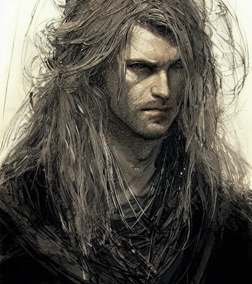 Image similar to portrait of man with long blond hair tied up wearing black robes, pen and ink, intricate line drawings, by craig mullins, ruan jia, kentaro miura, greg rutkowski, loundraw