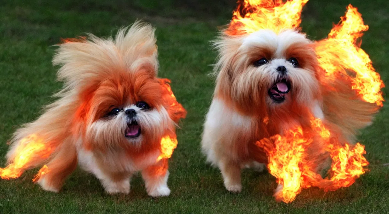 Prompt: Vulpix as a Shih Tzu breathing Fire