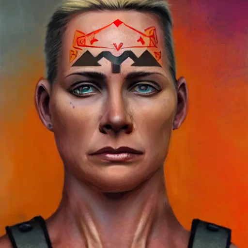 Image similar to character concept art of heroic stoic emotionless butch blond handsome woman space explorer with detailed tribal chin tattoos, dirty and injured, very short slicked - back butch hair, no - makeup, narrow eyes, wearing atompunk jumpsuit, orange safety vest, retrofuture, highly detailed, science fiction, illustration, oil painting, realistic, lifelike, pulp sci fi, cinematic