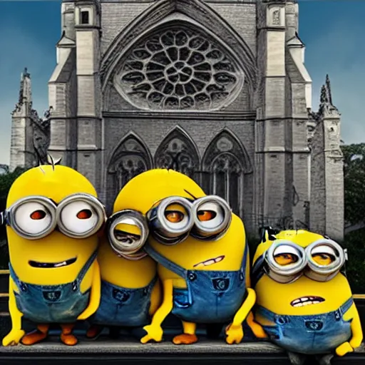 Image similar to “minions laughing as the Notre dame burns behind them, 4k, digital art, award winning”