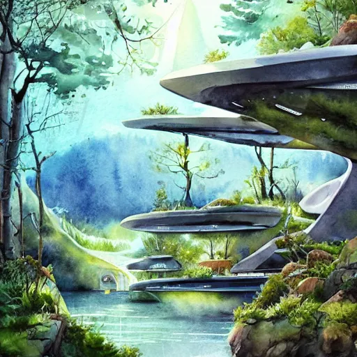 Image similar to beautiful happy picturesque charming sci - fi organic pod - like homes of the future in a beautiful natural scene. water, trees and rocks. beautiful light. soft colour scheme. beautiful artistic detailed watercolor by lurid. ( 2 0 2 2 )