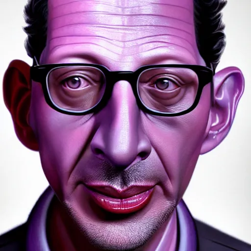 Prompt: close - up jeff goldblum face fused with violet plum ( ( lilac jeff goldblum's face ) ), jeff goldplum jeff goldblum sentient fruit, highly detailed, unreal engine, 3 d art, digital art, painting by greg rutkowski