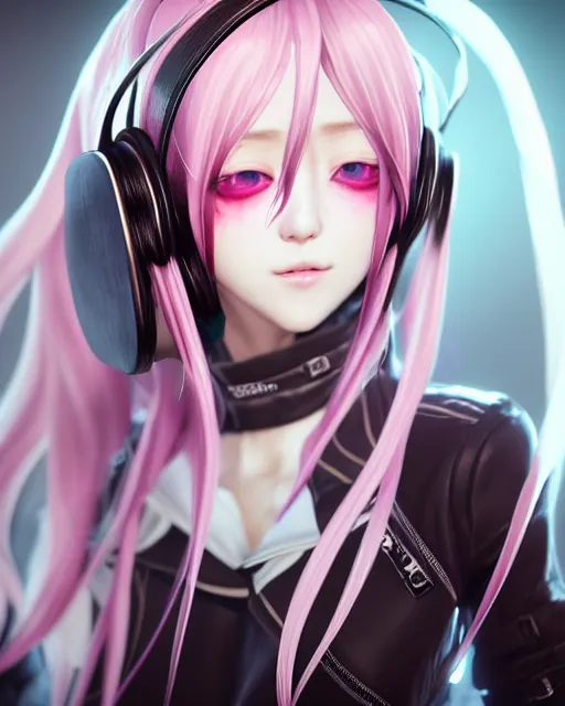 Image similar to beautiful portrait of a woman with pastel long hair with her eyes closed with headphones on in the style of a code vein character, dahyun from twice in code vein in the style of WLOP, artgerm, yasutomo oka, rendered in unreal engine and redshift octane , dynamic dramatic lighting, soft lighting, imagine fx, artstation, cgsociety, by Bandai Namco artist, background i surrounded by neon glitch effect