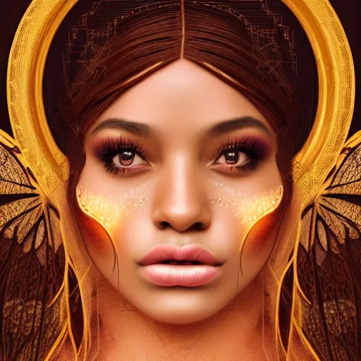 Image similar to vintage portrait of fairy goddess, zoom, rule of thirds, atmosphere, intricate, regal, latinas, ( brown skin ), symmetrical!!, loreal, maybelline, sephora, loreal, artstation, art by artgerm, moody, ( ( cinematic ) ) concept art, filmic, vsco