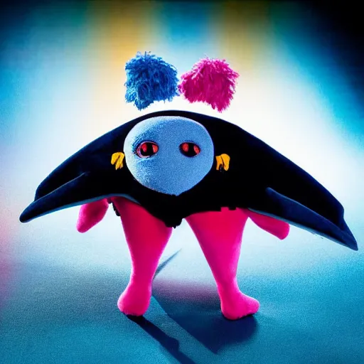 Image similar to a marketable plush muppet of a goth mantaray, in the style of muppets, lighting and character design from spongebob the musical on broadway, real, photograph, cinematic