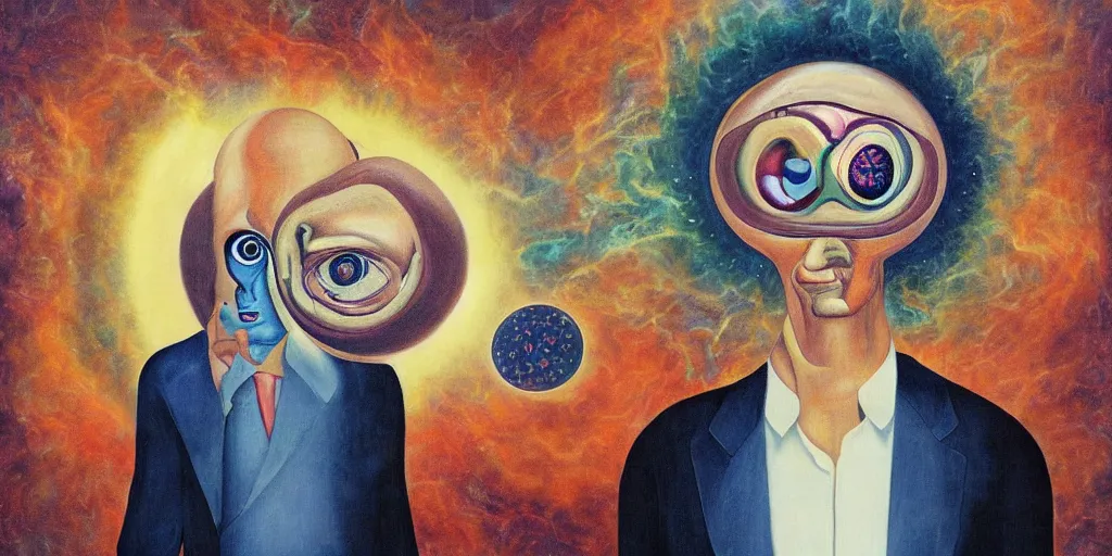 Image similar to a surreal painting of man with his third eye opening