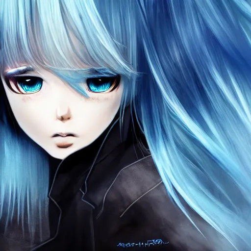 Image similar to full face shot of rimuru tempest, sky blue straight hair, long bangs, with amber eyes, wearing a black jacket, high collar, ultra detailed, concept art, award winning photography, digital painting, cinematic, wlop artstation, closeup, pixiv, evil, yoshitaka amano, andy warhol, ilya kuvshinov,