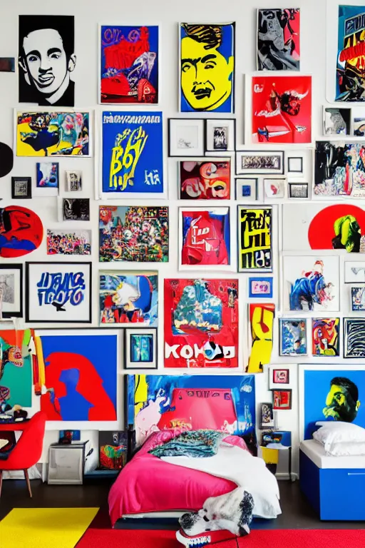 Image similar to boy room with full of pop art poster, and scattered clothes mural, photorealistic, smooth, 4 k, aesthetic lighting, baroque object, sharp focus, hyperdetailed, professional photography, pullitzer winning, photo by : canon eos 5 d mark iv, by karah mew and adnan abidi and jodie bateman