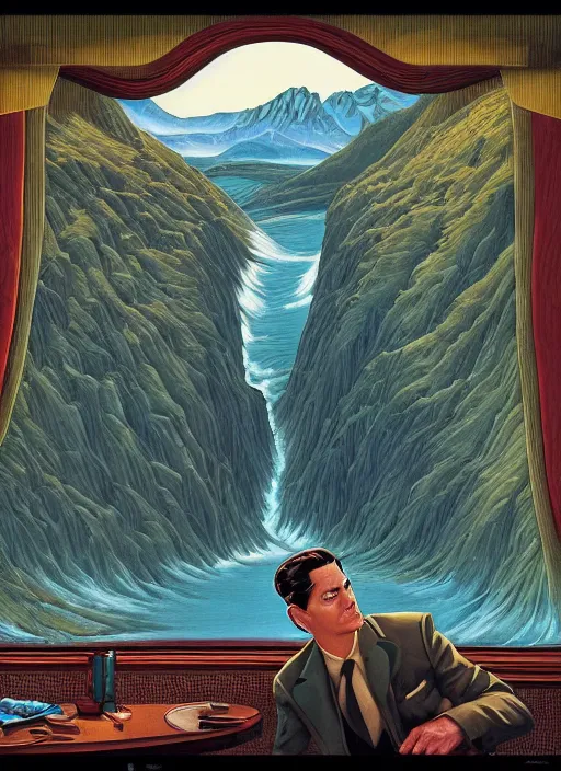 Image similar to dale cooper, kyle mclaughlin, looks into the the lake of souls, aerial top view, twin peaks poster art, from scene from twin peaks, by michael whelan, artgerm, retro, nostalgic, old fashioned, 1 9 8 0 s teen horror novel cover, book