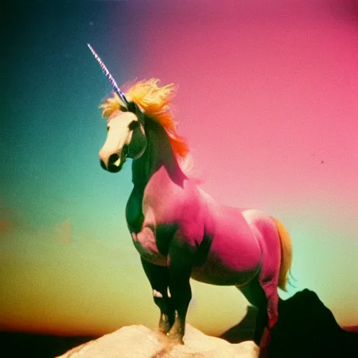 Prompt: andy warhol riding a pink unicorn in space, cinestill 8 0 0 t, award winning photograph