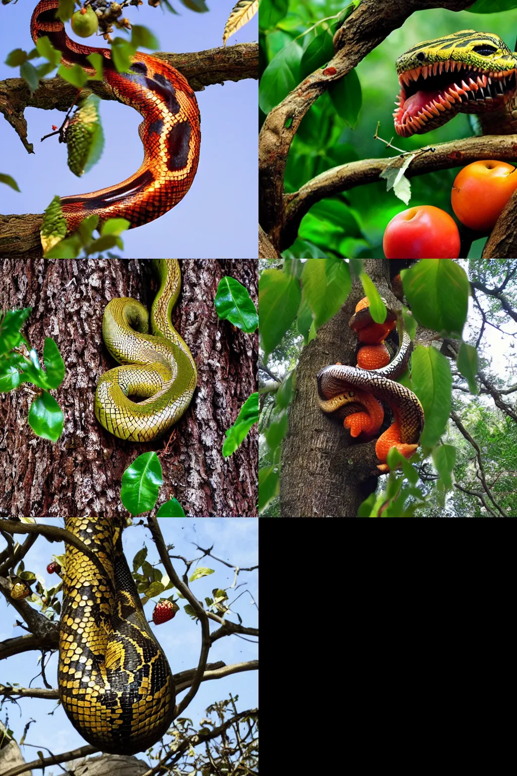 Prompt: Photo of demonic snake in a tree of mysterious fruit, beautiful, delicious, frightening