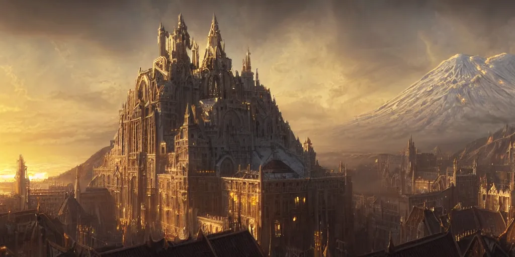 Prompt: beautiful gold fantasy city made from white stone and bright copper built on a volcano, gondor, misty, red sky, medieval city, metropolis, magic, gorgeous clouds, white marble, god rays, digital art, landscape, fantasy art, octane render, ureal engine, high detail, very realistic, by greg rutkowski. by james gurney