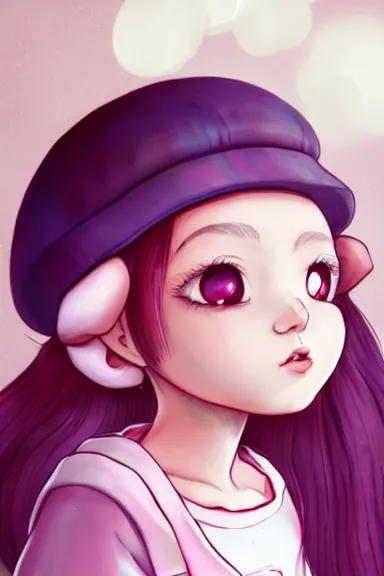 Image similar to a little girl wearing a mushroom hat in 9 0 s outfit | | purple curvy hair, pretty face, fine details, digial art by lois van baarle and sakimichan, anatomically correct, perfect composition, symmetrical, fantastic, clean details, anime character, extremely detailed, ray tracing