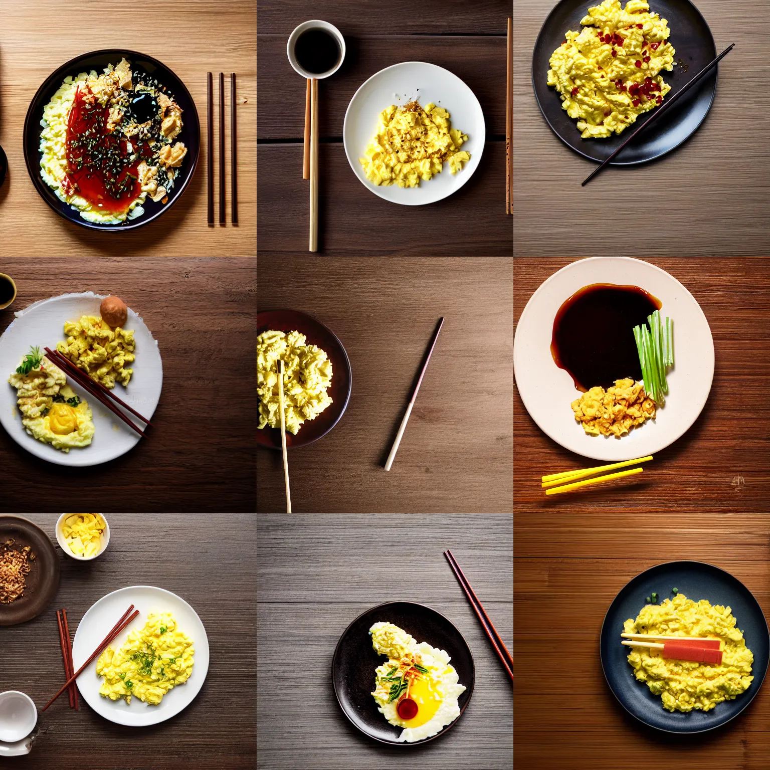 Prompt: a plate with scrambled eggs, two chopsticks, a bowl of soy sauce, on old wooden table, shot from above, studio lighting