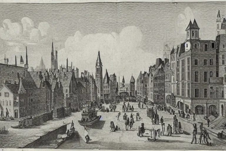 Prompt: street view of a city in 1650