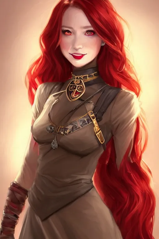 Image similar to a full body portrait of a gorgeous female ranger, looking at camera, D&D, choker on neck, stylish dress, very long flowing red hair, intricate, elegant, stylish, cute slightly nerdy smile, mouth slightly open, fantasy, extremely detailed, digital painting, artstation, concept art, smooth, sharp focus, illustration, stunning lighting, art by artgerm and greg rutkowski and alphonse mucha and simon stalenhag