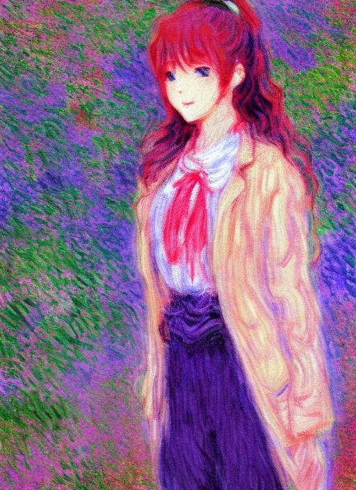 Image similar to a girl wearing thrifty clothing, very anime, trending artwork, 4 k, anime painter studio, an impressionist style by claude monet