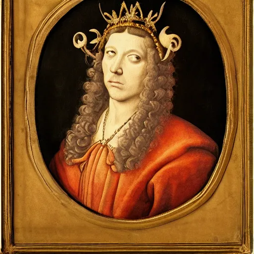 Image similar to renaissance style portrait of a cuttlefish wearing a crown and a cape, dark background