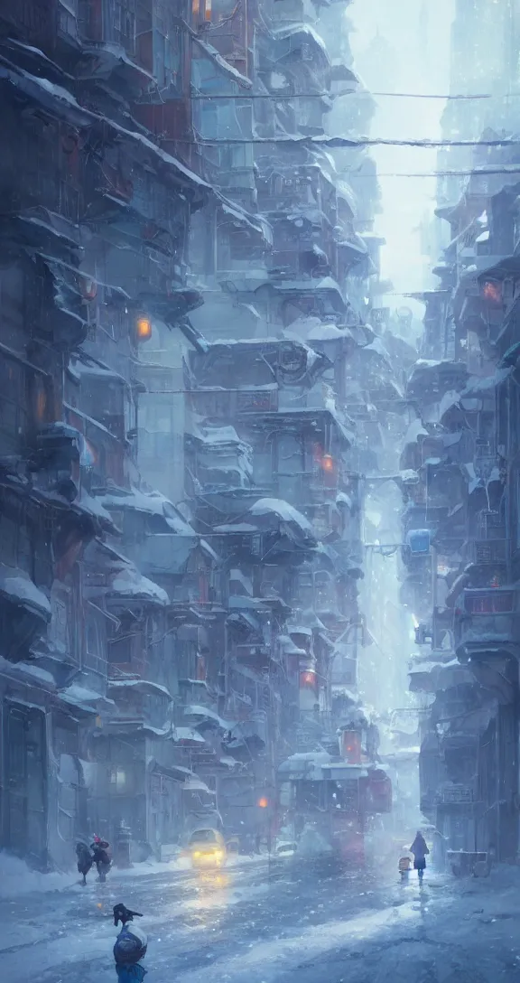 Image similar to Parked in a snowy city, bright, by Studio Ghibli and Greg Rutkowski, artstation