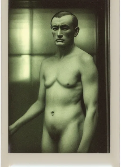 Image similar to an an android with an adult male human looking face is the thinker by auguste rodin, polaroid, flash photography, photo taken in a back storage room where you can see empty shelves in the background, 3 / 4 view portrait head chest and arms portrait of