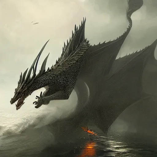 Prompt: dragon, huge wings, scary weather, stormy, ocean, exudes terror ， island ， castle ， vine, spitfire, photography, hyperrealistic, by greg rutkowski, smooth, illustration, elegant, artstation, digital painting.